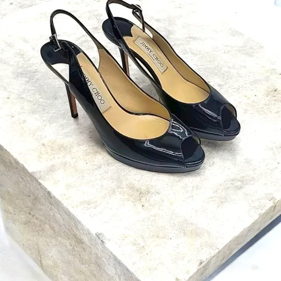 Reg $800 JIMMY CHOO Black Patent peep toeheels size 39 (size 9)