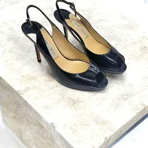 Reg $800 JIMMY CHOO Black Patent peep toeheels size 39 (size 9)
