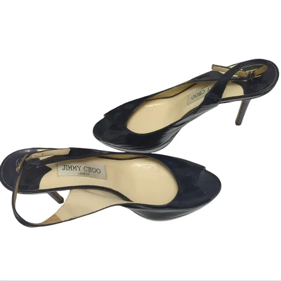 Reg $800 JIMMY CHOO Black Patent peep toeheels size 39 (size 9)