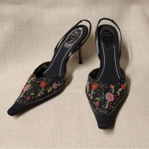 Rene Caovilla Black Floral Beaded Slingback Heels