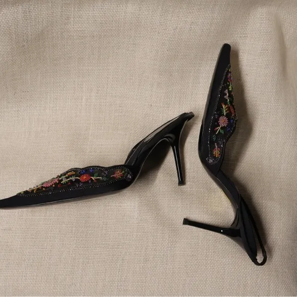 Rene Caovilla Black Floral Beaded Slingback Heels