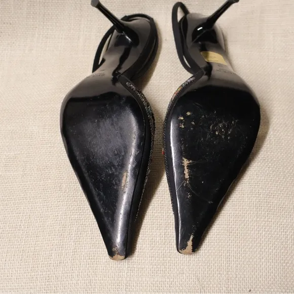 Rene Caovilla Black Floral Beaded Slingback Heels