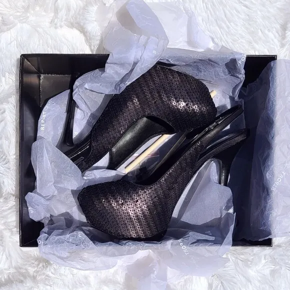 Report Signature | Black Sequin Platform 5.5&quot; Stiletto Heels with Box, Size 9.5