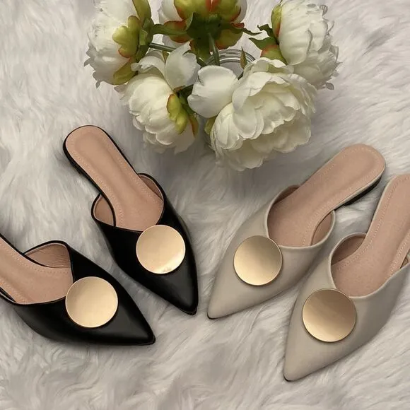 Riveted Off White Crème Gold Pointed Toe Flat Mules Shoes