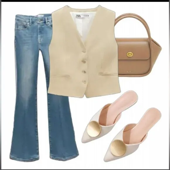 Riveted Off White Crème Gold Pointed Toe Flat Mules Shoes