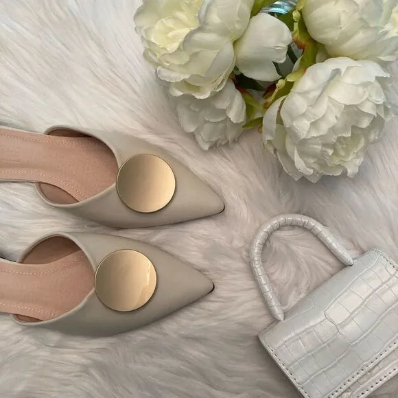 Riveted Off White Crème Gold Pointed Toe Flat Mules Shoes
