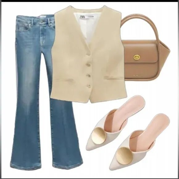 Riveted Off White Crème Gold Pointed Toe Flat Mules Shoes