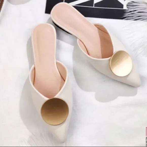 Riveted Off White Crème Gold Pointed Toe Flat Mules Shoes