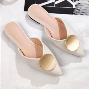 Riveted Off White Crème Gold Pointed Toe Flat Mules Shoes