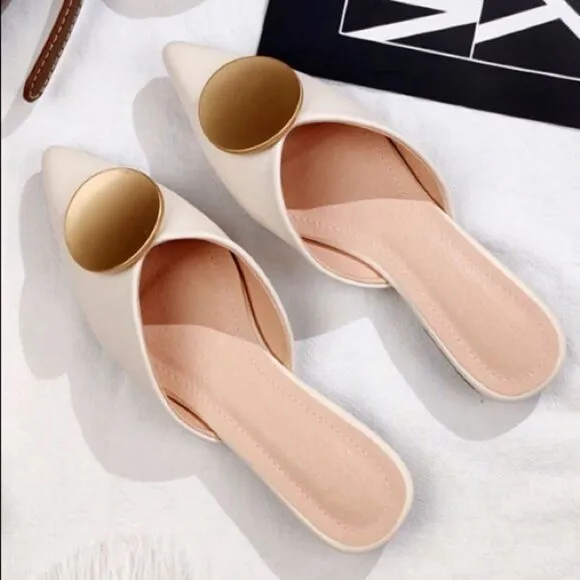 Riveted Off White Crème Gold Pointed Toe Flat Mules Shoes