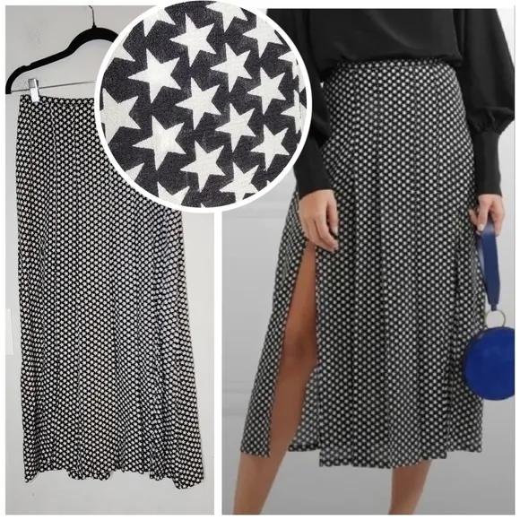 RIXO Georgia Pleated Star Silk Midi Skirt Front Slits Size Medium