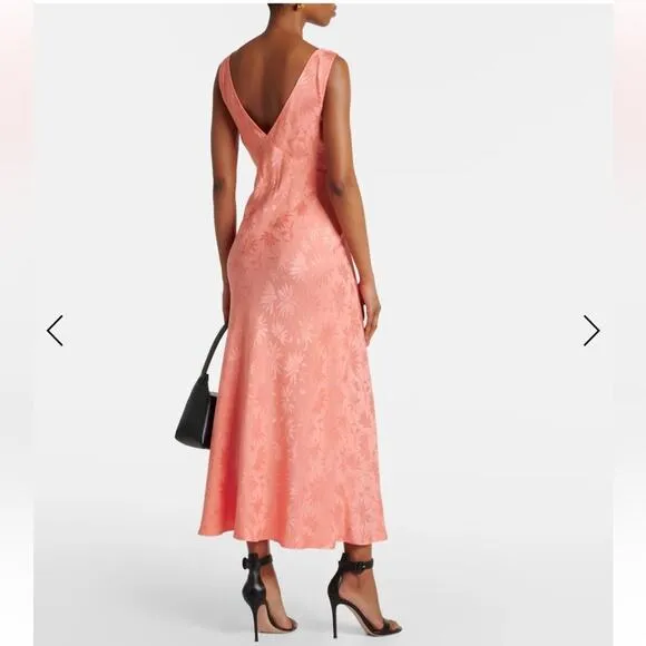 RIXO Sandrine Daisy Floral Jacquard Midi Slip Dress in Pink Coral Size 4 New