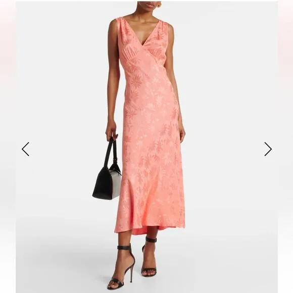 RIXO Sandrine Daisy Floral Jacquard Midi Slip Dress in Pink Coral Size 4 New