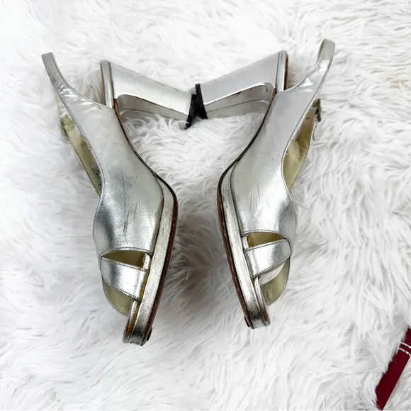 Roger Vivier Metallic Peep Toe Slingback Block Heel Sandals