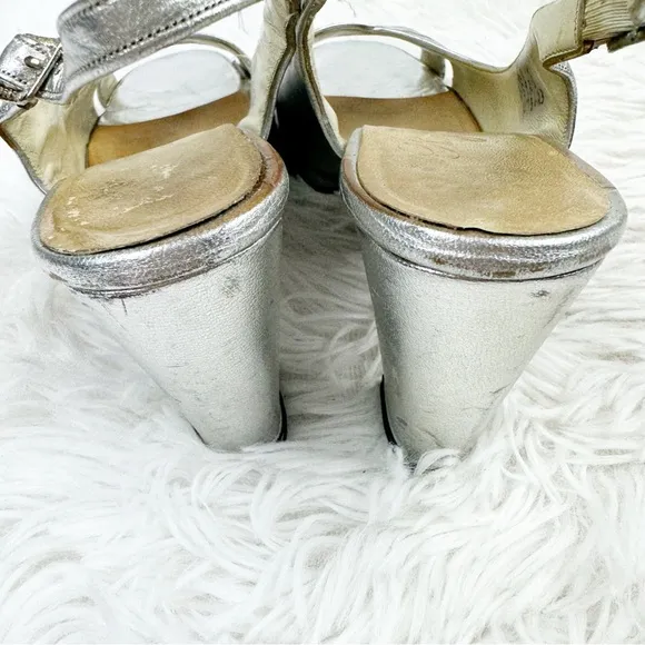 Roger Vivier Metallic Peep Toe Slingback Block Heel Sandals