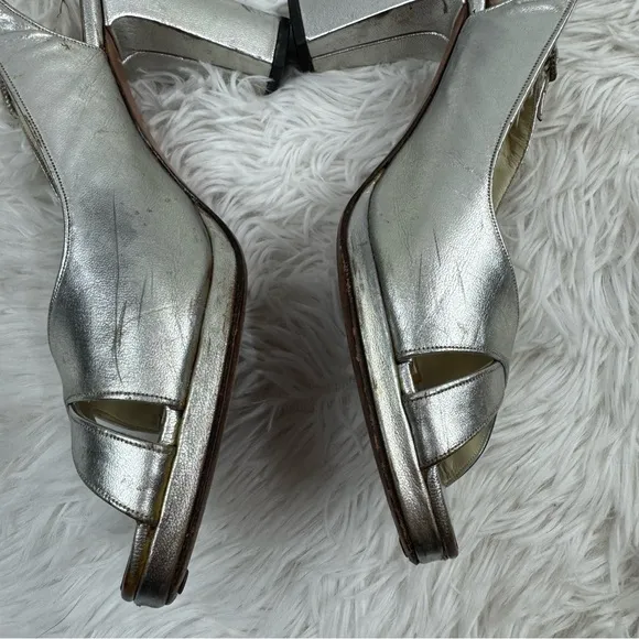 Roger Vivier Metallic Peep Toe Slingback Block Heel Sandals