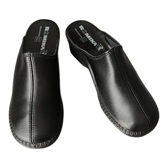ROMIKA Mokasso 304 Black Leather Comfort Slip On Clogs Size 8-8.5 NWOT in Box