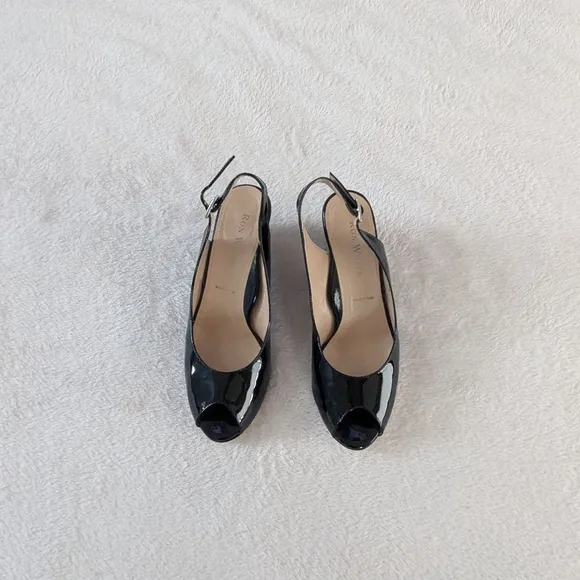 Ron White Black Patent Leather Slingback Wedge Heels Size 8