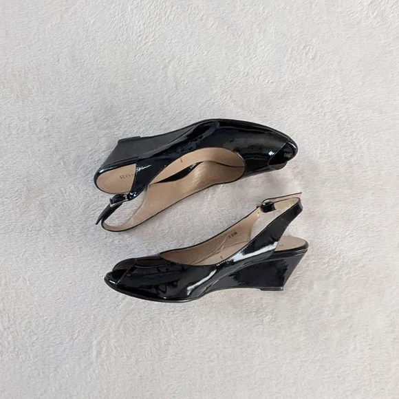 Ron White Black Patent Leather Slingback Wedge Heels Size 8