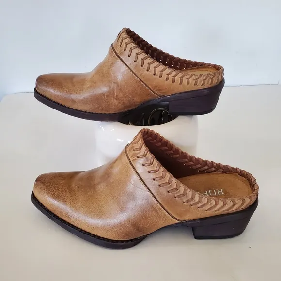 ROPER Sz 6.5 Tan Burnish Leather Western Mules 1.5&quot; Heel Whipstitch Cowgirl EUC