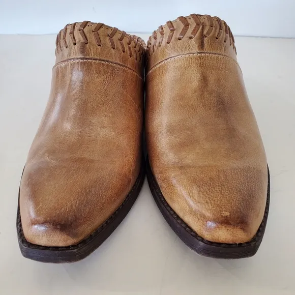ROPER Sz 6.5 Tan Burnish Leather Western Mules 1.5&quot; Heel Whipstitch Cowgirl EUC