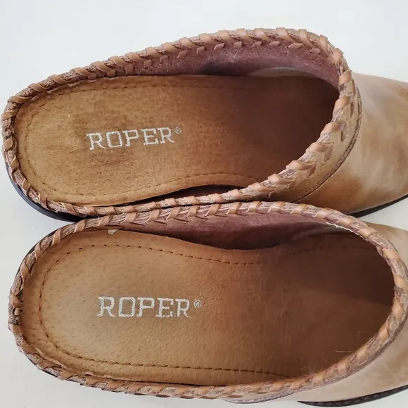 ROPER Sz 6.5 Tan Burnish Leather Western Mules 1.5&quot; Heel Whipstitch Cowgirl EUC