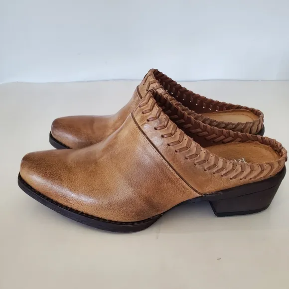 ROPER Sz 6.5 Tan Burnish Leather Western Mules 1.5&quot; Heel Whipstitch Cowgirl EUC