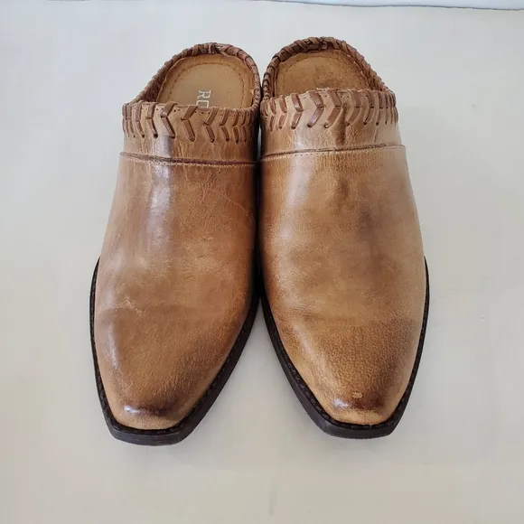 ROPER Sz 6.5 Tan Burnish Leather Western Mules 1.5&quot; Heel Whipstitch Cowgirl EUC