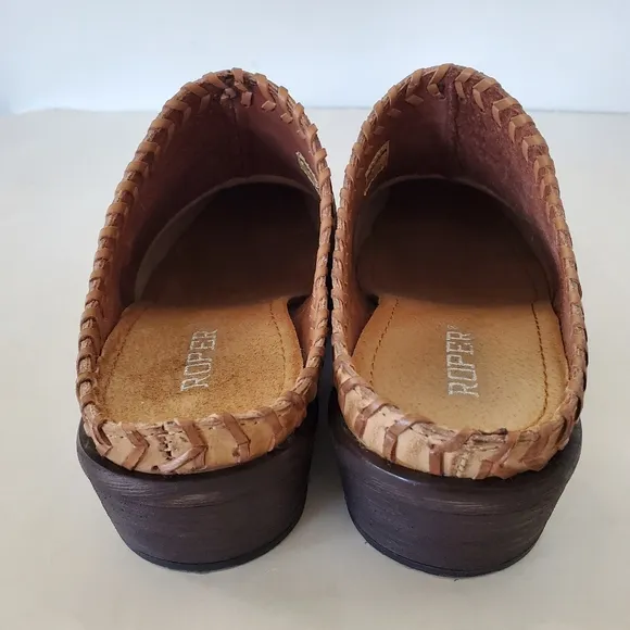ROPER Sz 6.5 Tan Burnish Leather Western Mules 1.5&quot; Heel Whipstitch Cowgirl EUC