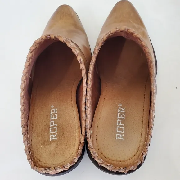 ROPER Sz 6.5 Tan Burnish Leather Western Mules 1.5&quot; Heel Whipstitch Cowgirl EUC