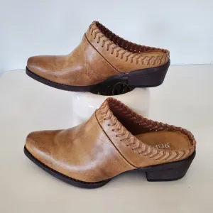 ROPER Sz 6.5 Tan Burnish Leather Western Mules 1.5&quot; Heel Whipstitch Cowgirl EUC