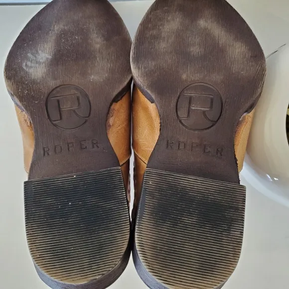 ROPER Sz 6.5 Tan Burnish Leather Western Mules 1.5&quot; Heel Whipstitch Cowgirl EUC