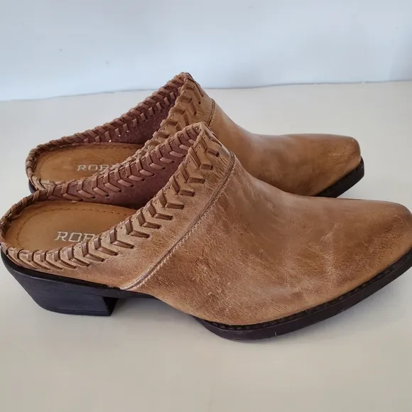 ROPER Sz 6.5 Tan Burnish Leather Western Mules 1.5&quot; Heel Whipstitch Cowgirl EUC