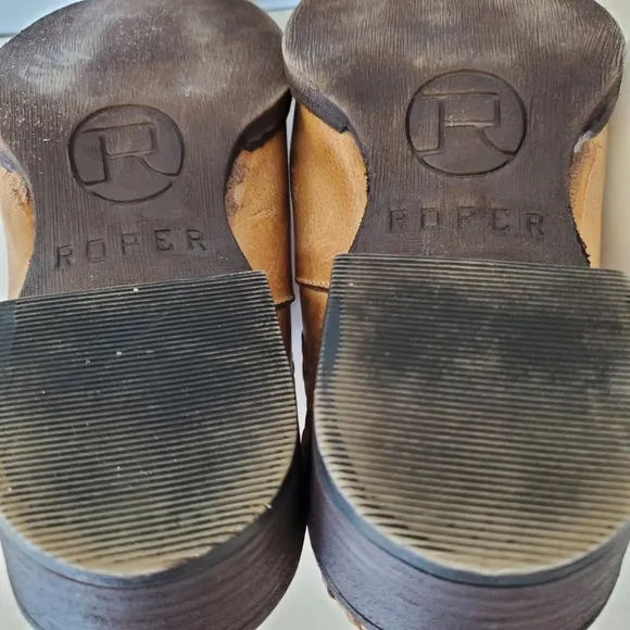 ROPER Sz 6.5 Tan Burnish Leather Western Mules 1.5&quot; Heel Whipstitch Cowgirl EUC