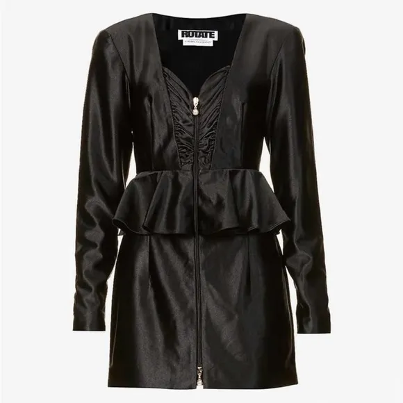 Rotate Birger Christensen Annie Frill Trim Satin Black Mini Dress