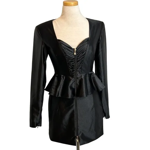 Rotate Birger Christensen Annie Frill Trim Satin Black Mini Dress