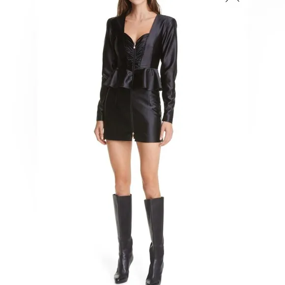 Rotate Birger Christensen Annie Frill Trim Satin Black Mini Dress