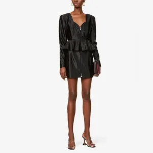 Rotate Birger Christensen Annie Frill Trim Satin Black Mini Dress