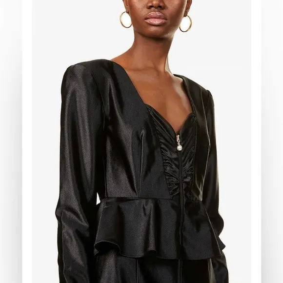 Rotate Birger Christensen Annie Frill Trim Satin Black Mini Dress