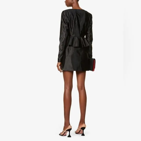 Rotate Birger Christensen Annie Frill Trim Satin Black Mini Dress