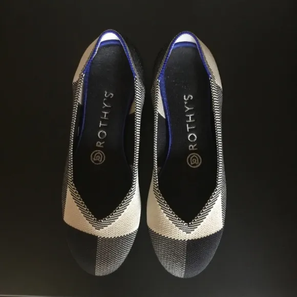 Rothy’s The Flat Capstone Black And Cream Plaid Flat Slip On