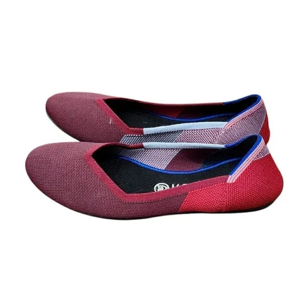 Rothy's The Flat Round Toe Slip On Ballet Flat Shoes Red Blue Women’s 8.5 $125