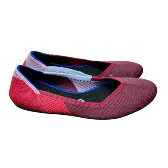 Rothy's The Flat Round Toe Slip On Ballet Flat Shoes Red Blue Women’s 8.5 $125