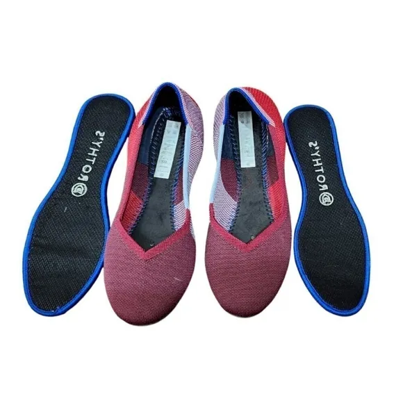 Rothy's The Flat Round Toe Slip On Ballet Flat Shoes Red Blue Women’s 8.5 $125