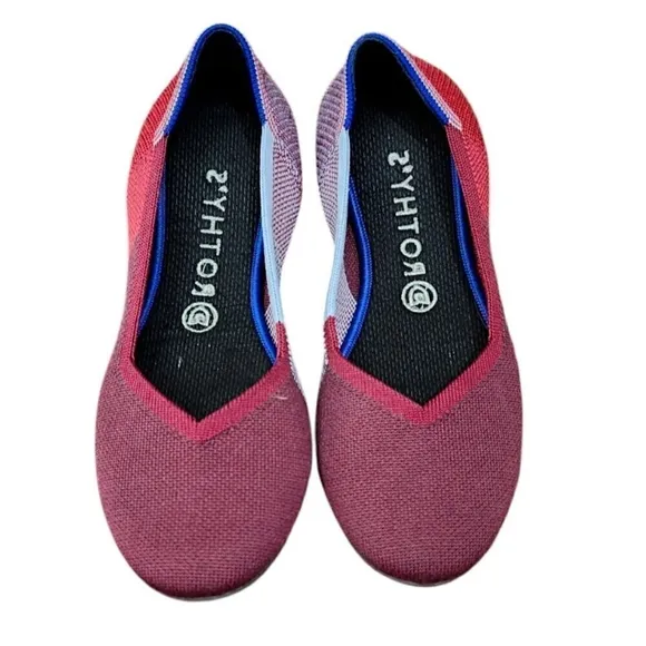 Rothy's The Flat Round Toe Slip On Ballet Flat Shoes Red Blue Women’s 8.5 $125