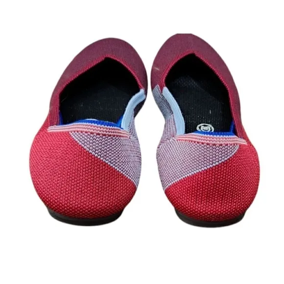 Rothy's The Flat Round Toe Slip On Ballet Flat Shoes Red Blue Women’s 8.5 $125