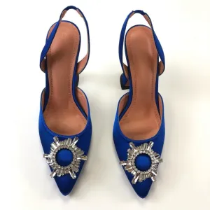 Royal blue satin crystal wreath trumpet heel pointy toe slingback heels Size 9