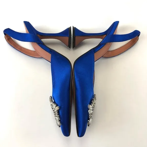 Royal blue satin crystal wreath trumpet heel pointy toe slingback heels Size 9