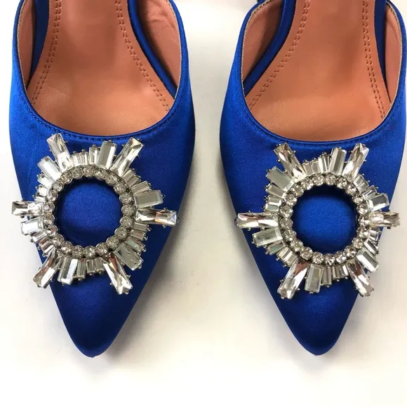 Royal blue satin crystal wreath trumpet heel pointy toe slingback heels Size 9
