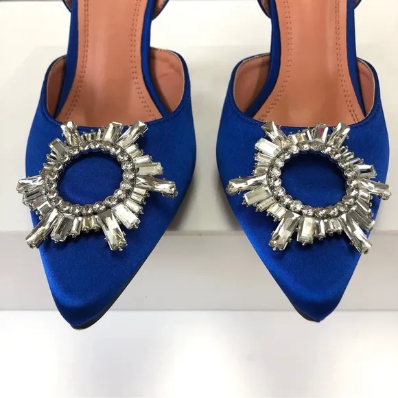 Royal blue satin crystal wreath trumpet heel pointy toe slingback heels Size 9